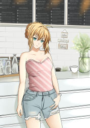 Rule 34 | 1girl, absurdres, ahoge, alternate costume, artoria pendragon (all), artoria pendragon (fate), blonde hair, braid, breasts, brick wall, contemporary, contrapposto, cup, cutoffs, degu guke, denim, denim shorts, diagonal-striped shirt, fate/grand order, fate (series), french braid, green eyes, hand in pocket, highres, painterly, plant, saber (fate), shorts, small breasts, smirk, solo, strapless, teacup, tube top, vase
