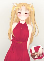 Rule 34 | 1girl, arms behind back, bare shoulders, bitter sweet (fate/grand order), blonde hair, blush, box, commentary request, dress, earrings, ereshkigal (fate), eyelashes, fate/grand order, fate (series), gift, gift box, hair ribbon, highres, holding, holding gift, jewelry, long hair, looking at viewer, obustat, parted bangs, red dress, red eyes, ribbon, sleeveless, sleeveless dress, solo, two side up, valentine, wavy mouth