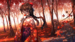 Rule 34 | 1girl, autumn, autumn leaves, black hair, blue eyes, blurry, blurry foreground, bow, braid, commentary request, day, dutch angle, falling leaves, floating hair, forest, glasses, hair bow, hakama, hakama short skirt, hakama skirt, hand up, highres, holding, holding leaf, japanese clothes, ji dao ji, kimono, leaf, long hair, long sleeves, looking at viewer, maple leaf, nature, nijisanji, open mouth, orange-framed eyewear, outdoors, pavement, print kimono, red bow, red kimono, red theme, round eyewear, sidelocks, skirt, solo, striped, striped bow, tree, tree shade, tsukino mito, tsukino mito (4th costume), twin braids, twintails, virtual youtuber, wide shot, wide sleeves