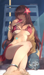 Rule 34 | 1girl, animal, anklet, bad id, bad pixiv id, bikini, bracelet, breasts, brown eyes, chair, cleavage, dog, fate/grand order, fate (series), heart, highres, huge breasts, jewelry, long hair, looking at viewer, lounge chair, md5 mismatch, pink bikini, red eyes, reroi, sarong, scathach (fate), scathach (fate), scathach (fate/grand order), scathach (swimsuit assassin) (fate), sitting, solo, swimsuit