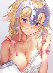 Rule 34 | 1girl, aimee (emi), bare shoulders, blonde hair, blue eyes, blush, braid, breasts, cleavage, commentary request, convenient censoring, dress, fate/apocrypha, fate (series), frilled dress, frills, gradient background, hand up, headpiece, jeanne d&#039;arc (fate), jeanne d&#039;arc (ruler) (fate), looking at viewer, medium breasts, parted lips, pink ribbon, revision, ribbon, single braid, solo, strap slip, white dress