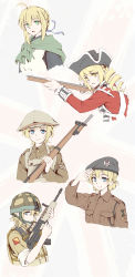 Rule 34 | 10s, 5girls, aiming, alternate costume, american revolution, annotated, artoria pendragon (all), artoria pendragon (fate), assault rifle, avril bradley, bayonet, blonde hair, blue eyes, blue ribbon, bolt action, brodie helmet, bullpup, carbine, combat helmet, darjeeling (girls und panzer), drill hair, england, fate (series), female focus, flag, flag background, girls und panzer, gosick, green eyes, gun, hair ornament, hair ribbon, hairpin, hat, helmet, highres, holding, holding weapon, l85, l85a1 (upotte!!), lee-enfield, long hair, longmei er de tuzi, looking at another, machine gun, mahou shoujo madoka magica, mahou shoujo madoka magica (anime), military, military uniform, multiple girls, ribbon, rifle, sa80, saber (fate), salute, short hair, sleeves rolled up, smile, soldier, squad automatic weapon, tomoe mami, trait connection, tricorne, twin drills, uniform, union jack, united kingdom, upotte!!, upper body, weapon, white background, world war i, world war ii, yellow eyes