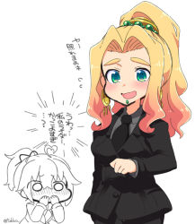 Rule 34 | 2girls, :d, ahoge, alternate hairstyle, artoria pendragon (all), artoria pendragon (fate), beads, black jacket, black neckwear, black pants, blonde hair, blush, chin piercing, collared shirt, cosplay, covering own mouth, earrings, expressive hair, fate/grand order, fate/zero, fate (series), formal, fujimaru ritsuka (female), fujimaru ritsuka (female) (royal brand), green eyes, grey shirt, hair beads, hair intakes, hair ornament, hair up, heart, high ponytail, jacket, jewelry, long hair, long sleeves, multiple girls, necktie, nose blush, open mouth, pant suit, pants, piercing, quetzalcoatl (fate), saber (fate), saber (fate) (cosplay), shirt, simple background, smile, solo focus, suit, translation request, tsukko (3ki2ne10), twitter username, white background