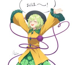 Rule 34 | 1girl, :d, ^ ^, absurdres, arms up, black hat, blush, buttons, closed eyes, commentary, cowboy shot, diamond button, floral print, frilled shirt collar, frilled sleeves, frills, green hair, green skirt, happy, hat, heart, heart of string, highres, komeiji koishi, long sleeves, open hand, open mouth, print skirt, restra25, rose print, shirt, short hair, signature, simple background, skirt, smile, solo, speech bubble, third eye, touhou, translated, wavy hair, white background, wide sleeves, yellow shirt