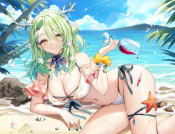 Rule 34 | 1girl, alcohol, antlers, beach, bikini, braid, braided bangs, branch, breasts, ceres fauna, choker, cup, detached sleeves, drinking glass, feet out of frame, fingernails, flower, green hair, hair between eyes, hair flower, hair ornament, halterneck, hololive, hololive english, hongsi, horns, jewelry, large breasts, long hair, looking at viewer, lying, mole, mole under eye, nail polish, ocean, on side, one side up, outdoors, palm tree, pendant, rock, seashell, shell, side-tie bikini bottom, single braid, skindentation, smile, solo, string bikini, swimsuit, thigh strap, tree, virtual youtuber, water, water drop, wet, white bikini, white flower, wine, wine glass, yellow eyes