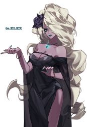 Rule 34 | 1girl, absurdres, bare shoulders, black dress, black flower, black rose, blonde hair, blue eyes, blue lips, blue nails, bracelet, breasts, cleavage, colored skin, dress, dungeon and fighter, eyelashes, flower, gem, hair flower, hair ornament, hair over one eye, highres, jewelry, kasy, large breasts, lipstick, long hair, looking at viewer, makeup, mole, mole under eye, nail polish, necklace, off-shoulder dress, off shoulder, purple skin, rose, sharan (dungeon and fighter), side slit, simple background, solo, very long hair, white background