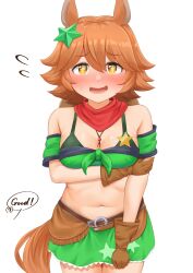 Rule 34 | + +, 1girl, animal ears, arm under breasts, bandana, blush, breasts, brown gloves, brown hair, brown headwear, cleavage, commentary request, cosplay, flipped hair, front-tie top, gloves, green skirt, hair between eyes, hair ornament, highres, horse ears, horse girl, horse tail, looking at viewer, matikanefukukitaru (umamusume), medium breasts, naka ushiro, plump, red bandana, shirt, short hair, simple background, skirt, sleeveless, sleeveless shirt, smile, solo, star (symbol), star hair ornament, taiki shuttle (umamusume), taiki shuttle (umamusume) (cosplay), tail, umamusume, white background, yellow eyes