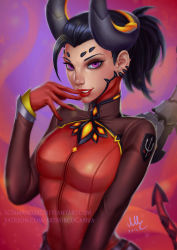 Rule 34 | 1girl, alternate eye color, alternate hair color, biting, black hair, blurry, blurry background, bodysuit, breasts, commentary, dark persona, dated, demon girl, demon horns, demon tail, depth of field, devil mercy, ear piercing, earrings, emblem, english commentary, eyelashes, eyeliner, finger to mouth, glove biting, gloves, grin, hair tie, high ponytail, highres, horns, italian commentary, jewelry, lips, long hair, looking at viewer, makeup, mechanical wings, mercy (overwatch), mixed-language commentary, nose, nostrils, official alternate costume, overwatch, overwatch 1, paid reward available, piercing, ponytail, purple background, purple eyes, red background, red bodysuit, red gloves, red lips, sciamano240, smile, solo, tail, turtleneck, upper body, watermark, web address, wings