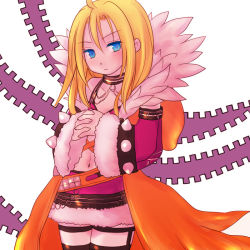 1boy ahat_(ragnarok_online) black_thighhighs blonde_hair blue_eyes brown_cape cape closed_mouth commentary_request cowboy_shot crossdressing detached_sleeves fur-trimmed_skirt fur-trimmed_sleeves fur_collar fur_trim interlocked_fingers long_hair looking_at_viewer male_focus manoji miniskirt official_alternate_costume own_hands_together ragnarok_online red_skirt red_sleeves red_sports_bra shadow_chaser_(ragnarok_online) skirt solo sports_bra thighhighs