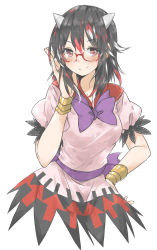 Rule 34 | 1girl, bad id, bad pixiv id, bespectacled, black hair, blush, cone horns, dress, glasses, grey horns, hand on own hip, highres, horns, kijin seija, looking at viewer, multicolored hair, no legs, puffy sleeves, red-framed eyewear, red eyes, red hair, ribbon, sash, short hair, short sleeves, simple background, smile, solo, tomo futoshi, touhou, white background, white hair, wrist cuffs