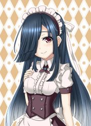 Rule 34 | 1girl, apron, black hair, blush, closed mouth, commentary request, corset, hair over one eye, hand on own chest, hayashimo (kancolle), kantai collection, karuna (madlax), long hair, looking at viewer, maid, maid headdress, purple eyes, smile, solo, upper body, waist apron, white apron, white headdress