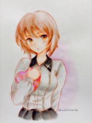 Rule 34 | 1girl, arm behind back, black skirt, blush, box, brown eyes, brown hair, colored pencil (medium), commentary, cropped torso, dress shirt, gift, girls und panzer, grey shirt, heart-shaped box, highres, holding, holding gift, insignia, kuromorimine school uniform, long sleeves, looking at viewer, nishizumi maho, parted lips, pleated skirt, q-bee (aaru), school uniform, shirt, short hair, skirt, solo, standing, traditional media, twitter username, valentine