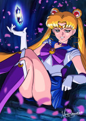 Rule 34 | 1girl, ass, back bow, bishoujo senshi sailor moon, black eyes, blonde hair, blue sailor collar, blue skirt, boots, bow, choker, collarbone, cosplay, crescent, crescent earrings, crossed legs, crystal, dark persona, dj jdite, double bun, dutch angle, earrings, elbow gloves, evil smile, gloves, gold earrings, grin, hair bun, hair ornament, half-closed eyes, high heel boots, high heels, highres, indoors, jewelry, long hair, looking at viewer, magical girl, miniskirt, naughty face, neck, necklace, official cosplay, parted bangs, petals, pleated skirt, purple bow, purple choker, purple footwear, sailor collar, sailor moon, sailor moon (cosplay), shirt, short sleeves, sitting, skirt, smile, solo, thick thighs, thighs, tiara, tsukino usagi, twintails, v-shaped eyebrows, very long hair, white gloves, white shirt, zoisite (sailor moon)