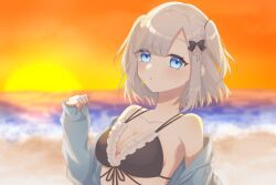 Rule 34 | 1girl, alternate costume, alternate hairstyle, beach, blue eyes, blush, breasts, cleavage, commentary request, fran vg, grey hair, hair ornament, jacket, kaga sumire, medium breasts, medium hair, ocean, open mouth, sand, sky, solo, sunset, swimsuit, virtual youtuber, vspo!