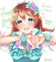 Rule 34 | 1girl, absurdres, aqua bow, aqua dress, aqua eyes, aqua wrist cuffs, artist name, artist request, blue eyes, blush, bow, bowtie, braid, breasts, brown hair, buttons, center frills, checkered bow, checkered clothes, checkered dress, clenched hands, close-up, collared dress, delightful waltz (love live!), dress, dress bow, earrings, emma verde, female focus, floating hair, flower, freckles, frilled dress, frilled shirt collar, frills, gem, green bow, hair between eyes, hair bow, hair flower, hair ornament, hair tie, heart, heart (symbol), heart earrings, heart hands, heart print, highres, jewelry, long hair, looking at viewer, love live!, love live! nijigasaki high school idol club, love live! school idol festival, love live! school idol festival all stars, maid headdress, nail, nail polish, neck ribbon, parted lips, pearl (gemstone), pink nails, plaid, plaid dress, pleated, pleated dress, pom pom (clothes), puffy short sleeves, puffy sleeves, purple bow, purple ribbon, red hair, ribbon, short hair, short sleeves, smile, solo, striped, striped bow, twin braids, twintails, upper body, wavy hair, white background, white headdress, wing collar, wrist cuffs, yellow bow