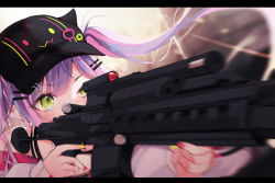 Rule 34 | 95kazumi, aiming, assault rifle, blurry, blurry background, blurry foreground, blush, commentary request, fingernails, green eyes, gun, hair between eyes, hair ornament, hairclip, hat, highres, hololive, long hair, nail polish, rifle, scope, tokoyami towa, twintails, virtual youtuber, weapon