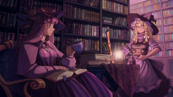 Rule 34 | 2girls, absurdres, acrylic paint (medium), apron, blonde hair, blush, book, book stack, bookmark, bookshelf, bow, braid, breasts, broom, chair, collar, crescent, crescent pin, cup, glaring, glowing, glowing eyes, hair bow, hand on own hip, hat, hat ribbon, highres, holding, holding cup, ink bottle, kirisame marisa, lamp, library, light, long hair, long sleeves, medium breasts, multiple girls, open book, open mouth, painting (medium), patchouli knowledge, purple eyes, purple hair, quill, raised eyebrows, reading, reflective floor, ribbon, scenery, shading, shadow, short sleeves, smile, table, tablecloth, teacup, tile floor, tiles, touhou, traditional media, u-joe, very long hair, voile, white apron, white bow, witch hat, yellow eyes