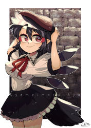 Rule 34 | 1girl, bird tail, black hair, breasts, carte, character name, covered erect nipples, cowboy shot, detached wings, hat, highres, large breasts, looking at viewer, pointy ears, puffy short sleeves, puffy sleeves, red eyes, shameimaru aya, shameimaru aya (newsboy), short sleeves, sign, skirt, smile, solo, sparkle, tail, touhou, wings
