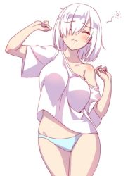 Rule 34 | 10s, 1girl, bare shoulders, blue panties, blush, breasts, closed eyes, hair over one eye, hamakaze (kancolle), hands up, kantai collection, large breasts, loose clothes, loose shirt, off shoulder, panties, pochadon, shiny skin, shirt, short hair, simple background, solo, underwear, white background, white hair, white shirt