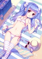Rule 34 | 1girl, bad id, bad pixiv id, beach, bikini, blue hair, bracelet, breasts, cameltoe, cleavage, cooler, day, drink, earrings, hair ornament, hat, highres, jewelry, looking at viewer, lotion, lying, navel, necklace, original, polka dot, polka dot bikini, polka dot swimsuit, purple eyes, sexually suggestive, side-tie bikini bottom, skindentation, small breasts, solo, straw hat, striped clothes, striped thighhighs, sunglasses, sunscreen, swimsuit, thighhighs, towel, twintails, underboob, untied, wasabi (sekai), white bikini