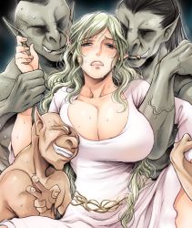 Rule 34 | 1girl, 3boys, artist request, biting, breasts, cleavage, dress, ear biting, elf, fangs, goblin, green hair, imminent rape, large breasts, long hair, multiple boys, orc, pointy ears, restrained, saliva, sweat, teeth, v