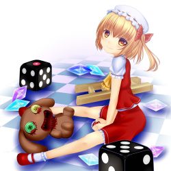 Rule 34 | 1girl, ankle socks, ascot, blonde hair, blood, blood on face, button eyes, buttons, checkered floor, crystal, dice, flandre scarlet, gradient eyes, hat, hat ribbon, head tilt, highres, ladder, looking at viewer, mary janes, mob cap, multicolored eyes, no wings, on floor, ribbon, sharp teeth, shoes, short sleeves, shounen (hogehoge), side ponytail, sitting, skirt, skirt set, smile, socks, solo, spread legs, stuffed animal, stuffed rabbit, stuffed toy, teeth, touhou