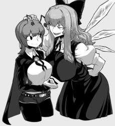 Rule 34 | 2girls, aged up, alternate breast size, alternate costume, alternate hair length, alternate hairstyle, antennae, bow, breasts, cape, cirno, cropped legs, dress, greyscale, hair bow, hand on own hip, highres, ice, ice wings, large breasts, long hair, monochrome, multiple girls, open mouth, pantyhose, pantyhose under shorts, short hair, short shorts, shorts, simple background, smile, spacezin, touhou, wings, wriggle nightbug