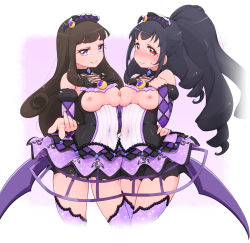 Rule 34 | 2girls, beckoning, black hair, blush, breast press, breasts, breasts out, brown hair, character request, closed mouth, copyright request, covered navel, cowboy shot, detached sleeves, drill hair, embarrassed, female focus, hairband, hand up, highres, kagayaki eve, kurosu aroma, long hair, looking at viewer, medium breasts, miniskirt, multiple girls, nipple-to-nipple, ponytail, pretty series, purple eyes, purple legwear, purple skirt, red eyes, simple background, skirt, smile, smug, symmetrical docking, take your pick, thighhighs, very long hair, yonekura hisaki