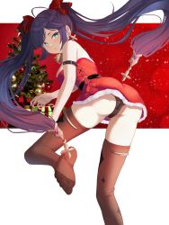 Rule 34 | 1girl, :/, absurdres, ahoge, alternate costume, aqua eyes, arm garter, ass, back, bare shoulders, bell, black panties, blue hair, blush, bow, box, buckle, christmas, christmas ornaments, christmas tree, closed mouth, commentary, cowbell, cross, cross-laced clothes, cross earrings, dark blue hair, dress, earrings, english commentary, eyelashes, feet, fur-trimmed dress, fur trim, genshin impact, gift, gift box, hair bow, highres, jewelry, long hair, looking at viewer, looking back, mona (genshin impact), no shoes, o-ring, panties, red bow, red dress, runa (user guwn7382), short dress, shoulder blades, soles, solo, thighhighs, thighs, toes, two side up, underwear
