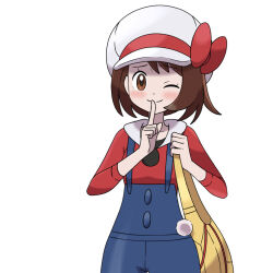 Rule 34 | 1girl, ;), asatsuki (fgfff), blue overalls, blush, bow, brown eyes, brown hair, cabbie hat, closed mouth, cosplay, creatures (company), eyelashes, game freak, gloria (pokemon), hands up, hat, hat bow, holding strap, index finger raised, long hair, lyra (pokemon), lyra (pokemon) (cosplay), nintendo, one eye closed, overalls, pokemon, pokemon hgss, red bow, red shirt, shirt, short hair, simple background, smile, solo, twintails, white background, white hat, yellow bag