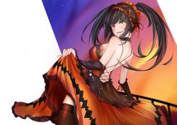 Rule 34 | 1girl, absurdres, arm warmers, backless dress, backless outfit, bare shoulders, black hair, blush, breasts, capelet, choker, clock eyes, clothes lift, clothing cutout, cross-laced clothes, cross-laced cutout, date a live, dress, dutch angle, hairband, heterochromia, highres, lace, lace choker, lifted by self, lolita hairband, looking at viewer, low-cut, medium breasts, mr2d, over shoulder, red eyes, sideboob, skirt, skirt lift, smile, solo, symbol-shaped pupils, thighhighs, tokisaki kurumi, twintails, white background, yellow eyes