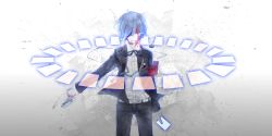 Rule 34 | 1boy, 9394marimo, atlus, blood, blue eyes, blue hair, bow, card, floating, floating card, gun, hair over one eye, headphones, holding, holding card, long image, male focus, matching hair/eyes, persona, persona 3, school uniform, short hair, sidu (dsd kgn), solo, weapon, wide image, yuuki makoto (persona 3)