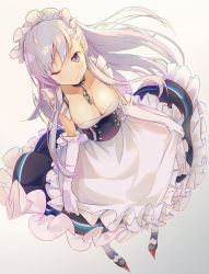 Rule 34 | 1girl, ;), apron, azur lane, belfast (azur lane), blue eyes, blush, breasts, chain, cleavage, closed mouth, collar, curtsey, dutch angle, elbow gloves, frills, from above, gloves, highres, long hair, looking at viewer, maid, maid apron, maid headdress, medium breasts, one eye closed, pachi (sugiyama0306), silver hair, smile, solo, standing, tsurime, waist apron, white gloves