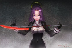 Rule 34 | 10s, 1girl, artist name, breasts, covered navel, dark background, glaive (polearm), halo, holding, holding weapon, kantai collection, large breasts, long sleeves, looking at viewer, mechanical halo, polearm, purple eyes, purple hair, ribbon, school uniform, short hair, smile, solo, tatsuta (kancolle), toka (marchlizard), weapon