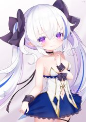 Rule 34 | 1girl, bare shoulders, black bow, black choker, blue hair, blue skirt, blush, bow, breasts, choker, closed mouth, collarbone, commentary request, cowboy shot, frilled skirt, frills, gradient background, grey background, hair between eyes, hair bow, hand up, highres, kokone (coconeeeco), long hair, looking at viewer, medium breasts, multicolored hair, navel, original, pointy ears, purple eyes, sidelocks, signature, silver hair, skirt, skirt hold, smile, solo, strapless, streaked hair, twintails, very long hair, white background, wrist cuffs