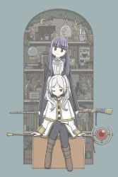 Rule 34 | 2girls, black coat, black pantyhose, blunt bangs, book, book stack, bookshelf, boots, bottle, box, brown footwear, bug, butterfly, buttons, closed mouth, coat, commentary, crescent, crystal ball, dress, earrings, elf, fern (sousou no frieren), frieren, full body, grey hair, head tilt, highres, holding, holding staff, insect, jacket, jewelry, key, lantern, long hair, long sleeves, looking at viewer, multiple girls, one eye closed, open clothes, open coat, outside border, pantyhose, plant, pointy ears, potted plant, purple hair, shelf, shirt, sitting, sousou no frieren, staff, standing, star ornament, straight-on, straight hair, striped clothes, striped shirt, tameikirakuda, twintails, white dress, white jacket