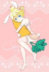 Rule 34 | 1boy, animal ears, bare shoulders, blonde hair, blue eyes, blush, carrot, child, crossdressing, dress, elbow gloves, full body, gloves, highres, kagamine len, lolita fashion, lying, male focus, no pants, on side, open mouth, pink thighhighs, ponytail, rabbit ears, short hair, solo, sweet lolita, thighhighs, trap, vocaloid