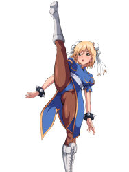 Rule 34 | 1girl, bad id, bad pixiv id, blonde hair, blue panties, boots, bracelet, brown eyes, bun cover, capcom, china dress, chinese clothes, chun-li, chun-li (cosplay), cosplay, cross-laced footwear, djeeta (granblue fantasy), double bun, dress, granblue fantasy, highres, jewelry, lace-up boots, leg up, nanashi maru, open mouth, panties, pantyhose, pelvic curtain, puffy sleeves, short hair, simple background, solo, spiked bracelet, spikes, street fighter, underwear, white background