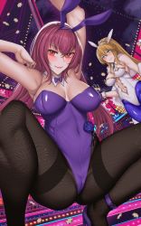 Rule 34 | 2girls, animal ears, armpits, artoria pendragon (all), artoria pendragon (fate), artoria pendragon (swimsuit ruler) (fate), bare legs, bare shoulders, black legwear, blonde hair, blush, breasts, casino, chips (food), cleavage, cup, detached collar, drinking glass, fake animal ears, fate/grand order, fate (series), fishnet legwear, fishnets, food, green eyes, hair ornament, hanada yanochi, high heels, highleg, large breasts, leotard, long hair, looking at viewer, multiple girls, navel, necktie, neon lights, neon trim, official alternate costume, open mouth, pantyhose, plate, playboy bunny, poker chip, pole, pole dancing, ponytail, purple hair, rabbit ears, red eyes, saber (fate), scathach (fate), scathach (piercing bunny) (fate), smile, spread legs, stripper pole, thigh gap, wine glass, wristband