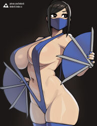 Rule 34 | 1girl, artist logo, bare shoulders, black background, black eyes, black hair, blue mask, blue nails, blue one-piece swimsuit, blue thighhighs, breasts, bright pupils, cameltoe, commentary, cowboy shot, donburi (donburikazoku), english commentary, fanbox username, groin, hand fan, highres, holding, holding fan, kitana, large breasts, looking to the side, mask, mortal kombat (series), mouth mask, nail polish, navel, ninja mask, one-piece swimsuit, patreon username, simple background, slingshot swimsuit, solo, strap gap, swept bangs, swimsuit, thick thighs, thighhighs, thighs, watermark, web address, white pupils