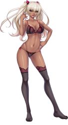 Rule 34 | 00s, 1girl, angry, black lilith, blonde hair, bra, breasts, cameltoe, cleavage, curvy, dark-skinned female, dark skin, female focus, fingernails, full body, game cg, hair ornament, hand on own hip, highres, kagami hirotaka, kangoku senkan, kangoku senkan 3, kila kushan, large breasts, lilith-soft, lingerie, lips, long hair, looking at viewer, navel, open mouth, panties, pink eyes, shiny skin, side-tie panties, skirt, solo, standing, tachi-e, thighhighs, thighs, thong, transparent background, tsundere, twintails, underwear, underwear only, very long hair, wavy hair, wide hips