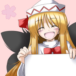 Rule 34 | 1girl, bow, female focus, hat, lily white, masu shu, sign, sign holding, smile, solo, template, touhou, upper body, wings
