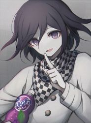 Rule 34 | 10s, 1boy, artist request, bandana, black hair, blurry, brand name imitation, buttons, checkered clothes, checkered necktie, coat, danganronpa (series), danganronpa v3: killing harmony, finger to mouth, gradient background, grey background, hair between eyes, kobeni, long sleeves, looking at viewer, male focus, necktie, open mouth, oma kokichi, purple eyes, purple hair, shirt, simple background, smile, soda bottle, solo, upper body, white coat, white shirt