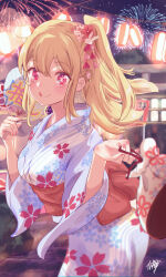 Rule 34 | 1girl, absurdres, aerial fireworks, back bow, blonde hair, blue kimono, blurry, blurry background, blush, bow, closed mouth, commentary, cowboy shot, fireworks, floral print, flower, hair between eyes, hair flower, hair ornament, hand fan, highres, holding, holding fan, hoshino ruby, japanese clothes, kimono, lantern, long hair, looking at viewer, mismatched pupils, nazmocha, night, night sky, obi, one side up, oshi no ko, outdoors, pink eyes, print kimono, rabbit hair ornament, red bow, sash, sidelocks, signature, sky, smile, solo, star-shaped pupils, star (symbol), summer festival, symbol-shaped pupils, tongue, tongue out, yukata
