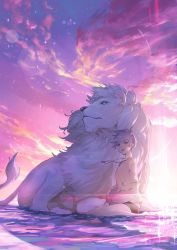 Rule 34 | 1girl, backlighting, barefoot, black shorts, cloud, cloudy sky, desert, gradient sky, hands on lap, highres, jewelry, lens flare, light particles, lion, long sleeves, looking to the side, necklace, nemoto yuuma, original, parted lips, pink sky, purple eyes, purple sky, shirt, short hair, short shorts, shorts, sitting, sky, smile, solo, sparkle, star (sky), starry sky, twilight, very short hair, wariza