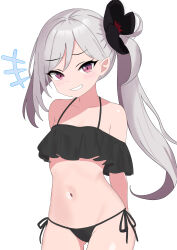 Rule 34 | 1girl, absurdres, alternate costume, arms behind back, bikini, black bikini, blue archive, breasts, commentary request, cowboy shot, flower, frilled bikini, frills, grey hair, grin, hair flower, hair ornament, highres, long hair, looking at viewer, mutsuki (blue archive), navel, pink eyes, shiroharo, side-tie bikini bottom, side ponytail, simple background, small breasts, smile, smirk, solo, standing, swimsuit, white background