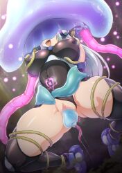 Rule 34 | 1girl, arm behind back, giving birth, black leotard, black thighhighs, breasts, censored, clothing aside, commentary request, covered erect nipples, covered navel, hasumi (mission mermaiden), highres, large breasts, leotard, leotard aside, long hair, mission mermaiden, mosaic censoring, nandz, open mouth, pubic tattoo, purple footwear, pussy juice, restrained, skin tight, slime (creature), solo, stomach bulge, tattoo, tentacles, thighhighs, tongue, tongue out, white hair