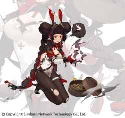Rule 34 | 1girl, animal, animal ears, bamboo steamer, black footwear, blush, breasts, brown hair, brown pantyhose, bullet, character request, cleavage, company name, copyright name, cropped jacket, detached collar, detached sleeves, dotted line, double bun, dress, fake animal ears, full body, girls&#039; frontline, gloves, hair bun, high heels, highres, holding, holding animal, kneeling, large breasts, long hair, low twintails, notice lines, official art, pantyhose, projected inset, rabbit, rabbit ears, red eyes, red gloves, rex zero 1 (girls&#039; frontline), rex zero 1 (pervasive aroma) (girls&#039; frontline), side slit, smoke, solo, strapless, strapless dress, sweatdrop, thigh strap, thought bubble, torn clothes, torn pantyhose, twintails, white dress, wulazula