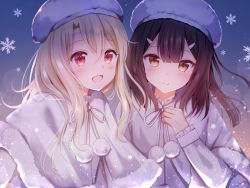 Rule 34 | 2girls, :d, blonde hair, blush, brown hair, capelet, closed mouth, commentary request, fate/kaleid liner prisma illya, fate (series), frilled sleeves, frills, fur-trimmed capelet, fur hat, fur trim, gradient background, hair ornament, hairclip, hand on own chest, hat, illyasviel von einzbern, lens flare, long hair, long sleeves, looking at viewer, miyu edelfelt, multiple girls, nasii, open mouth, partial commentary, pom pom (clothes), red eyes, revision, ribbon, smile, snowflakes, upper body, white capelet, white headwear, white ribbon, yellow eyes