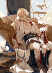 Rule 34 | 1boy, absurdres, arm support, arm up, bare pectorals, bishounen, blonde hair, blood, blood on clothes, blood on face, bracelet, flower, full body, green eyes, hair between eyes, highres, japanese clothes, jewelry, long sleeves, looking at viewer, lotus, male focus, onmyoji, pectorals, shiwu25570, sitting, solo, taishakuten (onmyoji), white flower, white lotus, wide sleeves